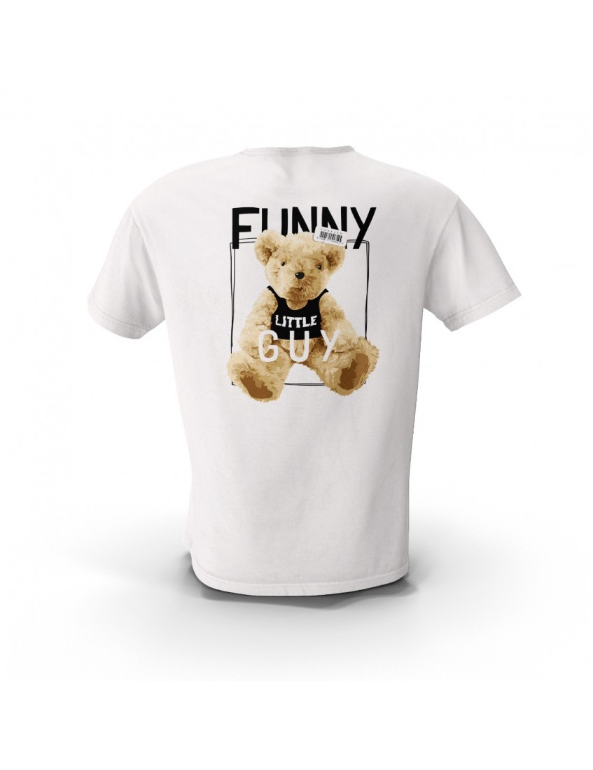 Beyaz Funny Teddy Bear Sırt Tasarım Baskılı  Unisex Pamuk Tişört