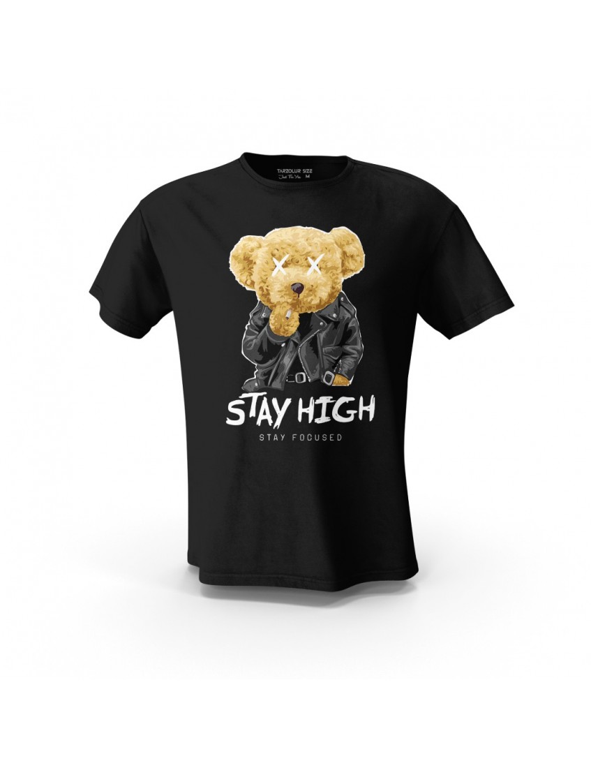 Siyah Stay High Stay Focused  Teddy Bear  Tasarım Baskılı Unisex Pamuk Tişört