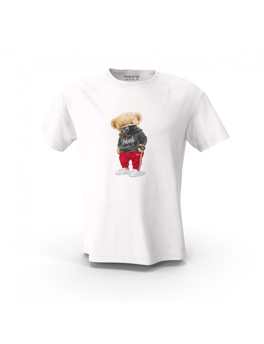 Beyaz Hello Teddy Kırmızı Detay Tasarım Baskılı  Unisex Pamuk Tişört