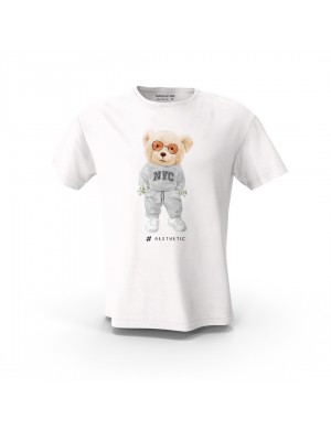  Beyaz Teddy Bear Nyc Aesthetic Tasarım Baskılı  Unisex Pamuk Tişört 