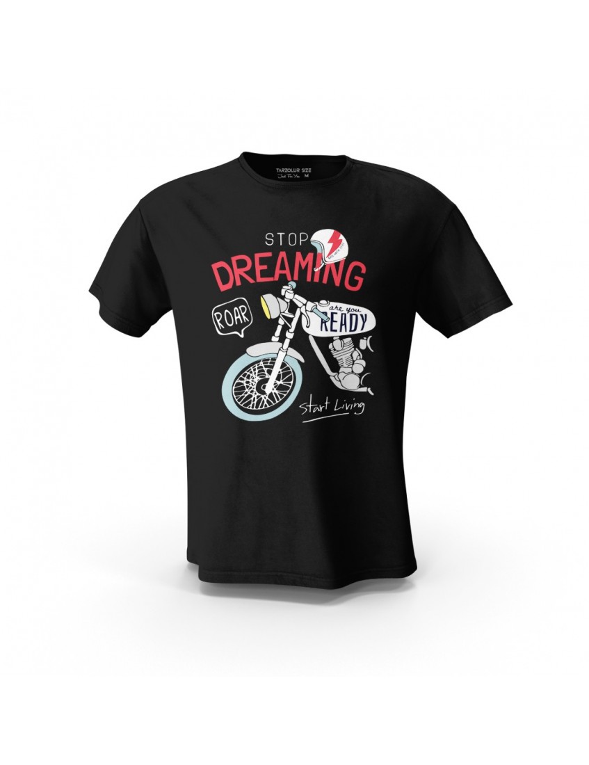 Siyah Stop Dreaming Roar Baskılı Motosiklet Tişört  Unisex Pamuk Tişört