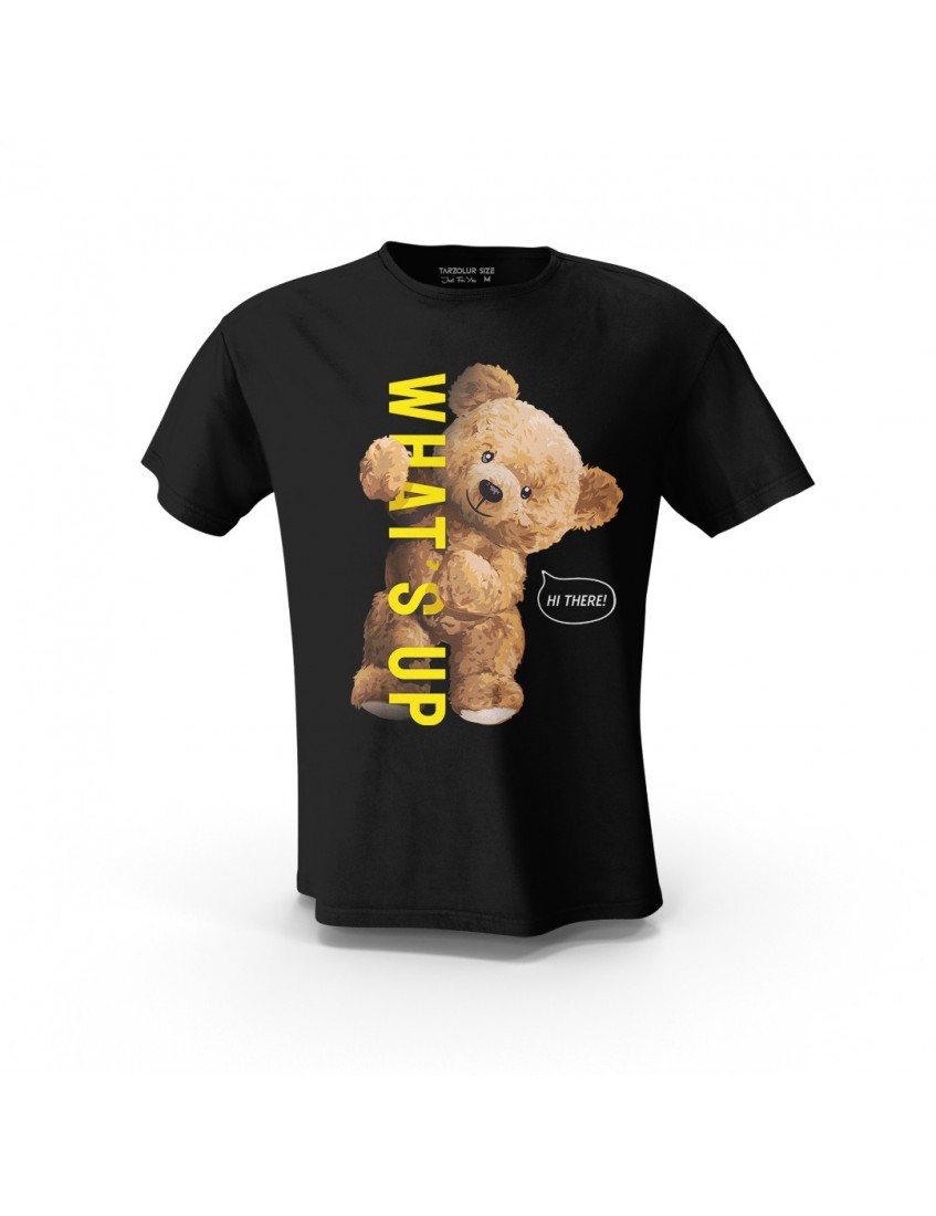 Siyah What İs Up Teddy Bear YT Tasarım Baskılı Unisex Pamuk Tişört