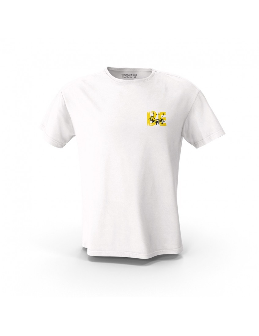 Beyaz Be Happy Smiley Sol Gögüs  Tasarım Baskılı  Unisex Pamuk Tişört