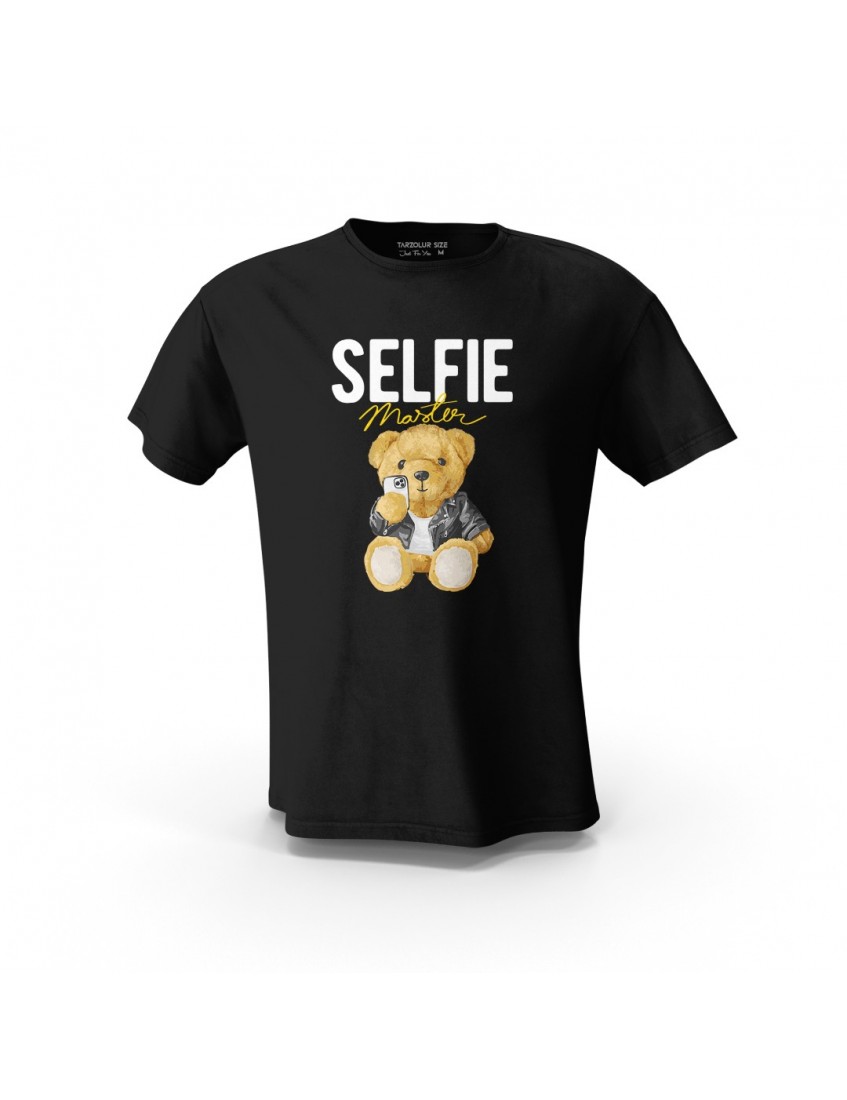 Siyah Selfie Master Teddy Bear Tasarım Baskılı Unisex Pamuk Tişört