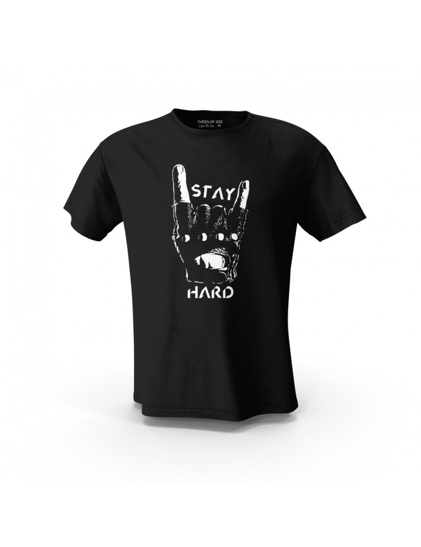 Siyah Stay Hard Rock Tasarım Baskılı Unisex Pamuk Tişört