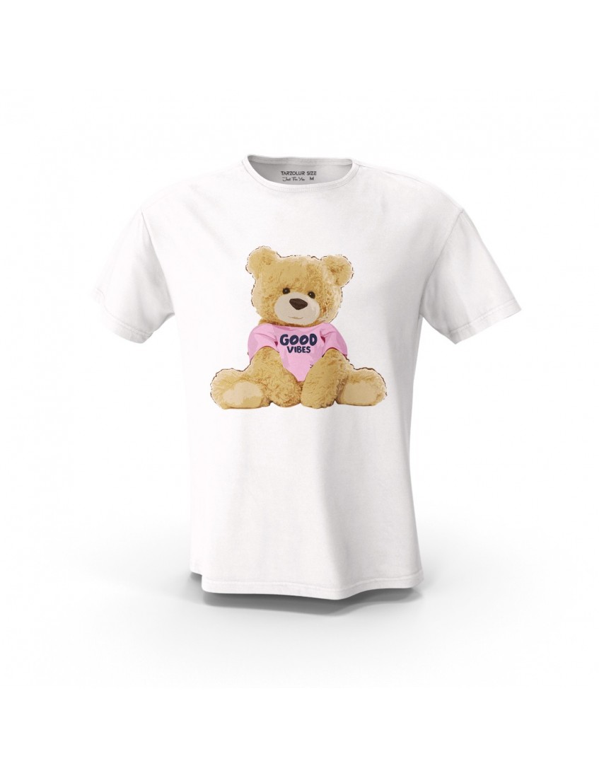 Beyaz Good Vibes Teddy Bear Tasarım Baskılı  Unisex Pamuk Tişört