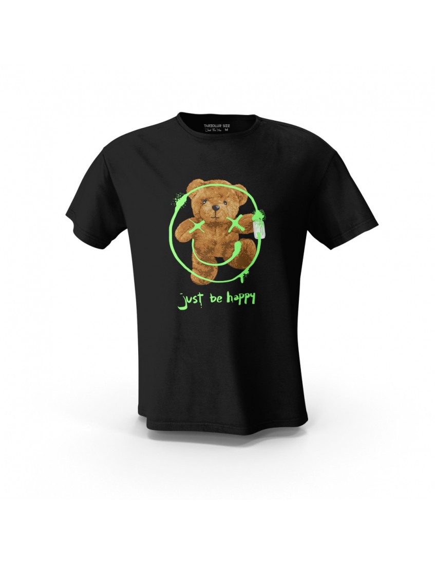 Siyah Just Be Happy Teddy Bear Tasarım Baskılı Unisex Pamuk Tişört