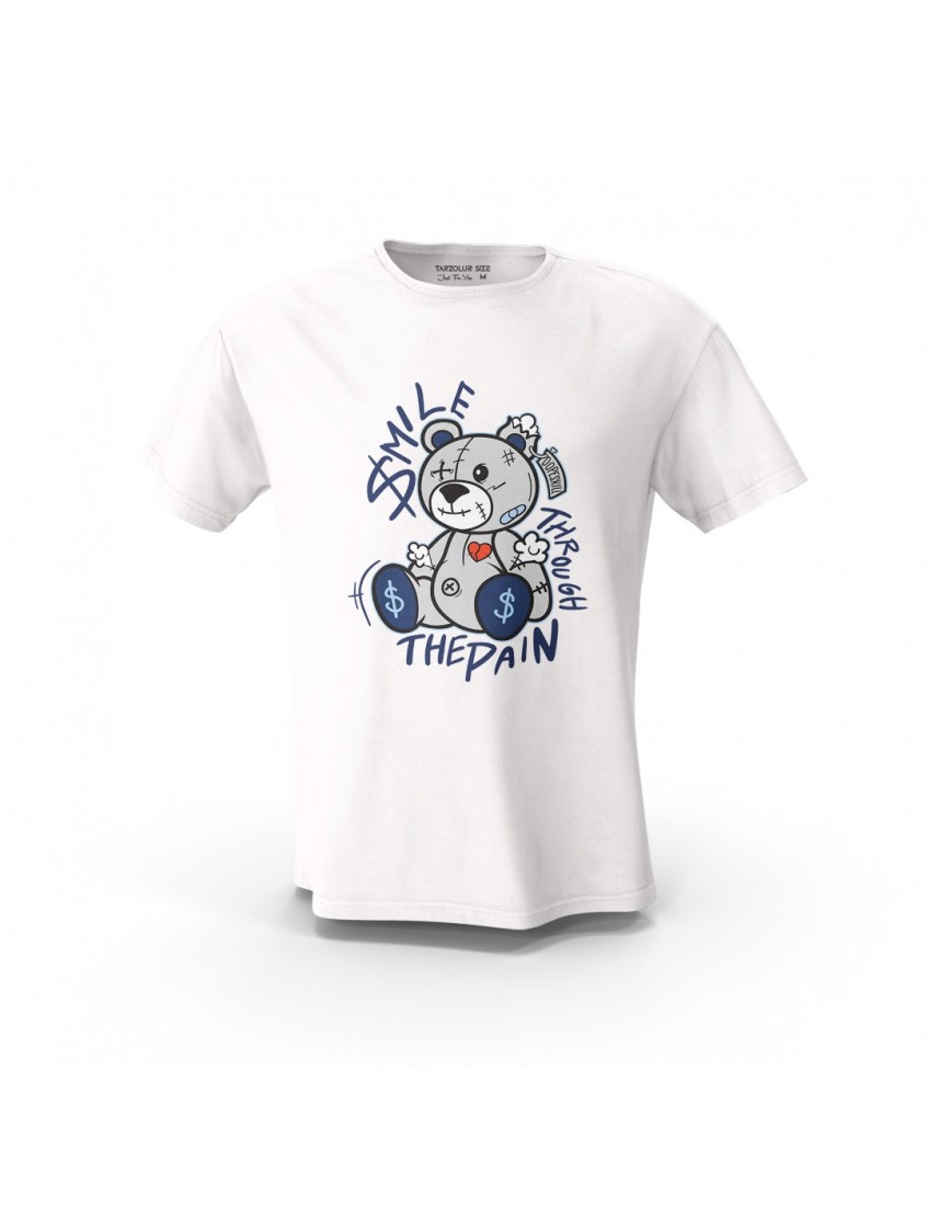Beyaz Smile Through The Pain Teddy Bear Tasarım Baskılı  Unisex Pamuk Tişört