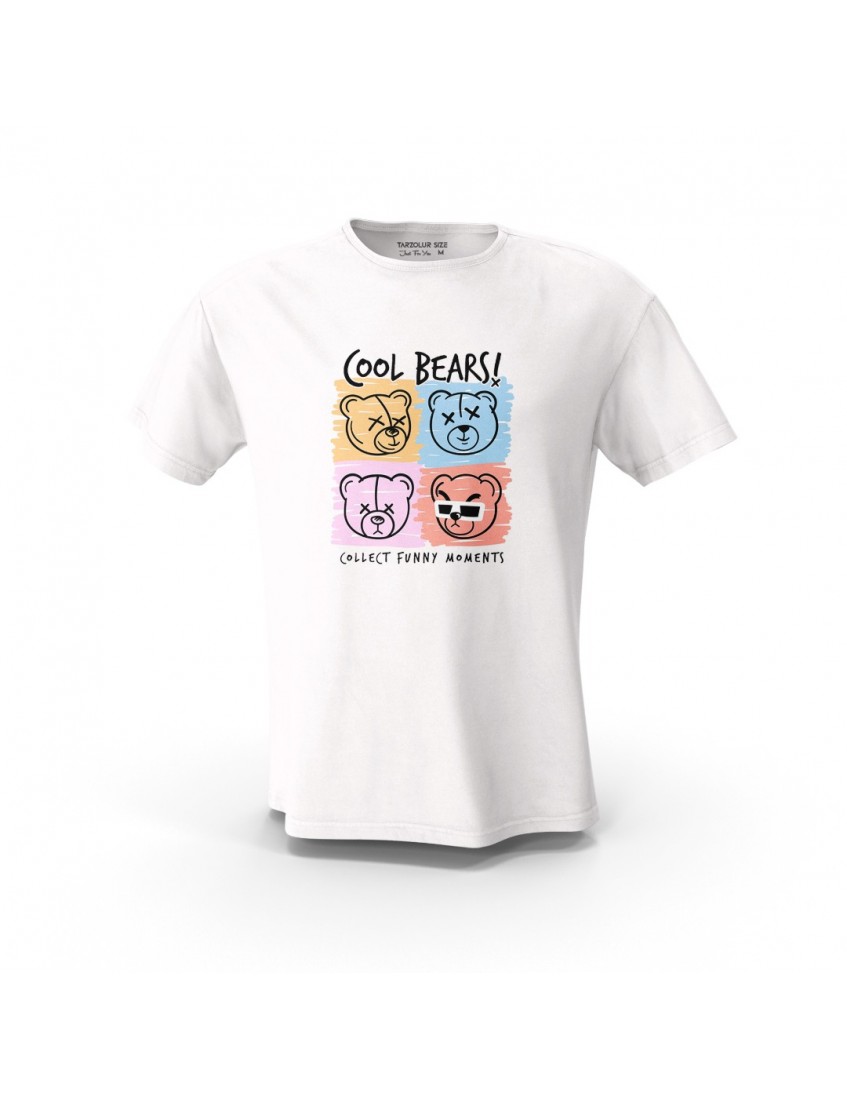 Beyaz Cool Bears Teddy Tasarım Baskılı  Unisex Pamuk Tişört