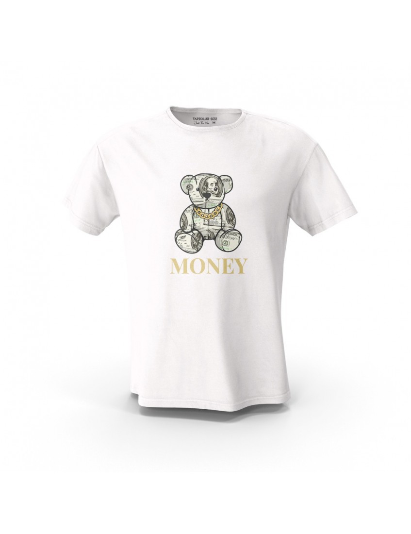 Beyaz Money Teddy Bear Tasarım Baskılı  Unisex Pamuk Tişört