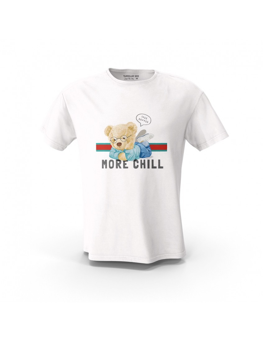 Beyaz More Chill Teddy Bear Tasarım Baskılı  Unisex Pamuk Tişört