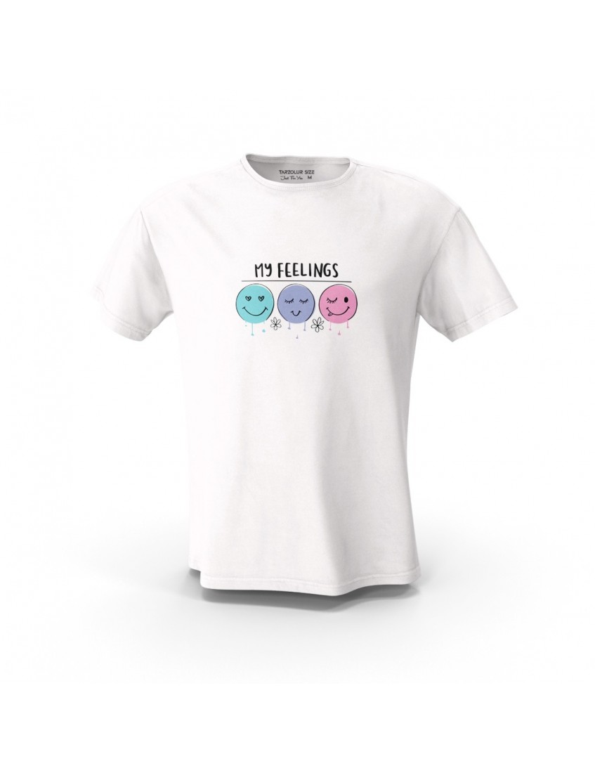 Beyaz My Feeling Renkli Emoji Tasarım Baskılı  Unisex Pamuk Tişört