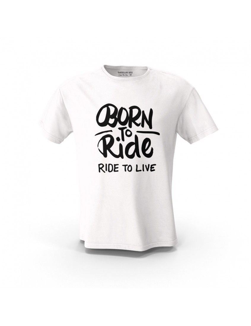 Beyaz Born To Ride Siyah Yazı Tasarım Baskılı Motosiklet Tişört  Unisex Pamuk Tişört