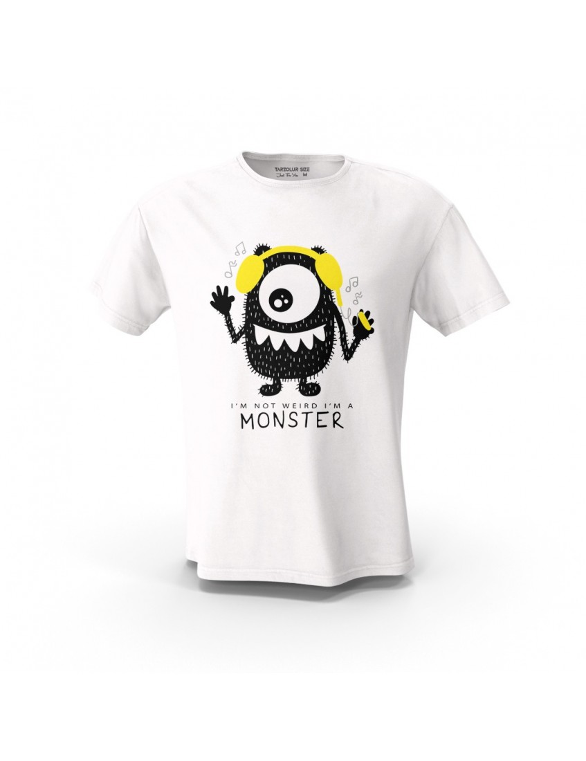 Beyaz Sevimli Monster Muzik Temalı Tasarım Baskılı  Unisex Pamuk Tişört