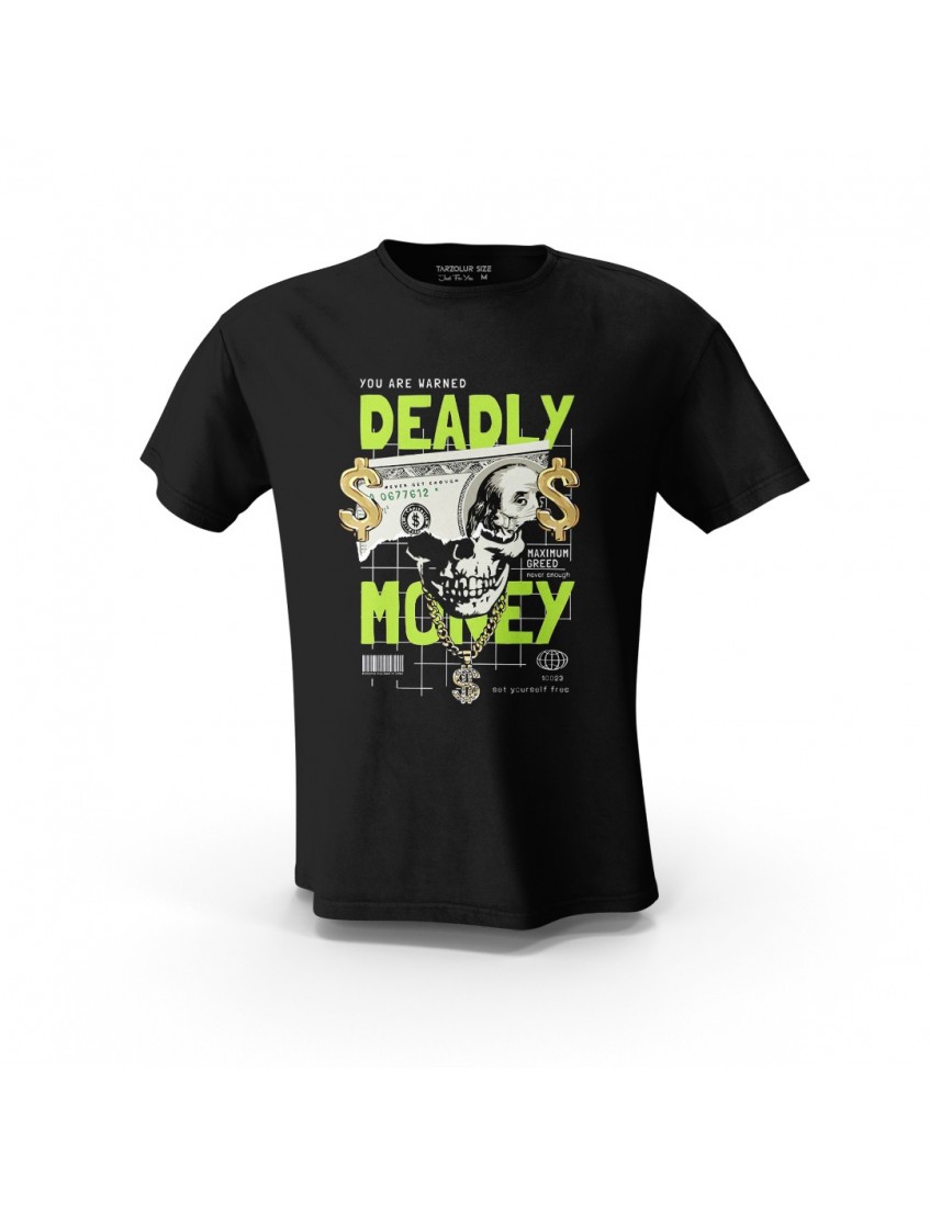 Siyah Deadly Money Skull Tasarım Baskılı Unisex Pamuk Tişört