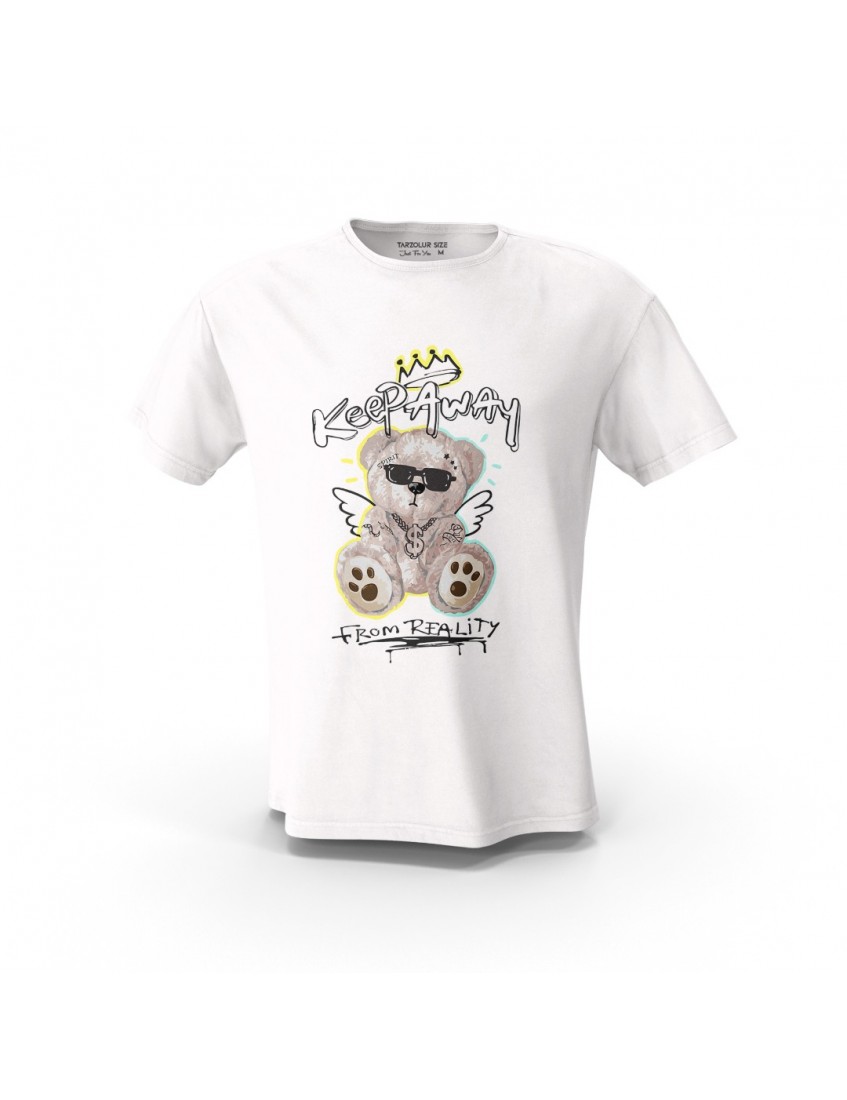 Beyaz Keep Away Teddy Bear Tasarım Baskılı  Unisex Pamuk Tişört