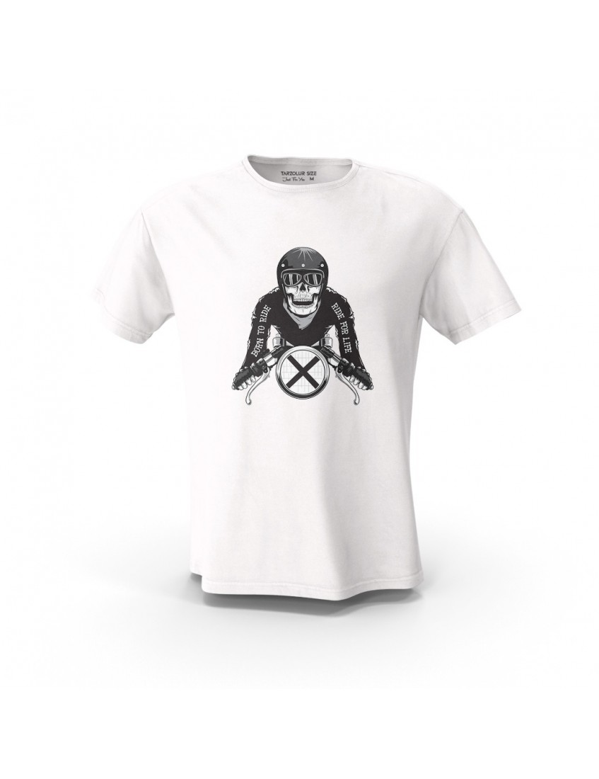 Beyaz Skull Rider  Born To Ride  Motosiklet Tişörtleri Tasarım Baskılı  Unisex Pamuk Tişört