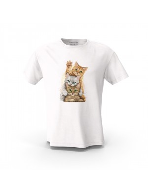  Beyaz  Sevimli Kediler  Tasarım Baskılı  Unisex Pamuk Tişört