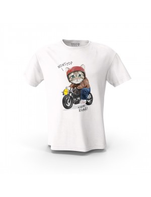  Beyaz Rider Kedi Monstop Baskılı  Unisex Pamuk Tişört