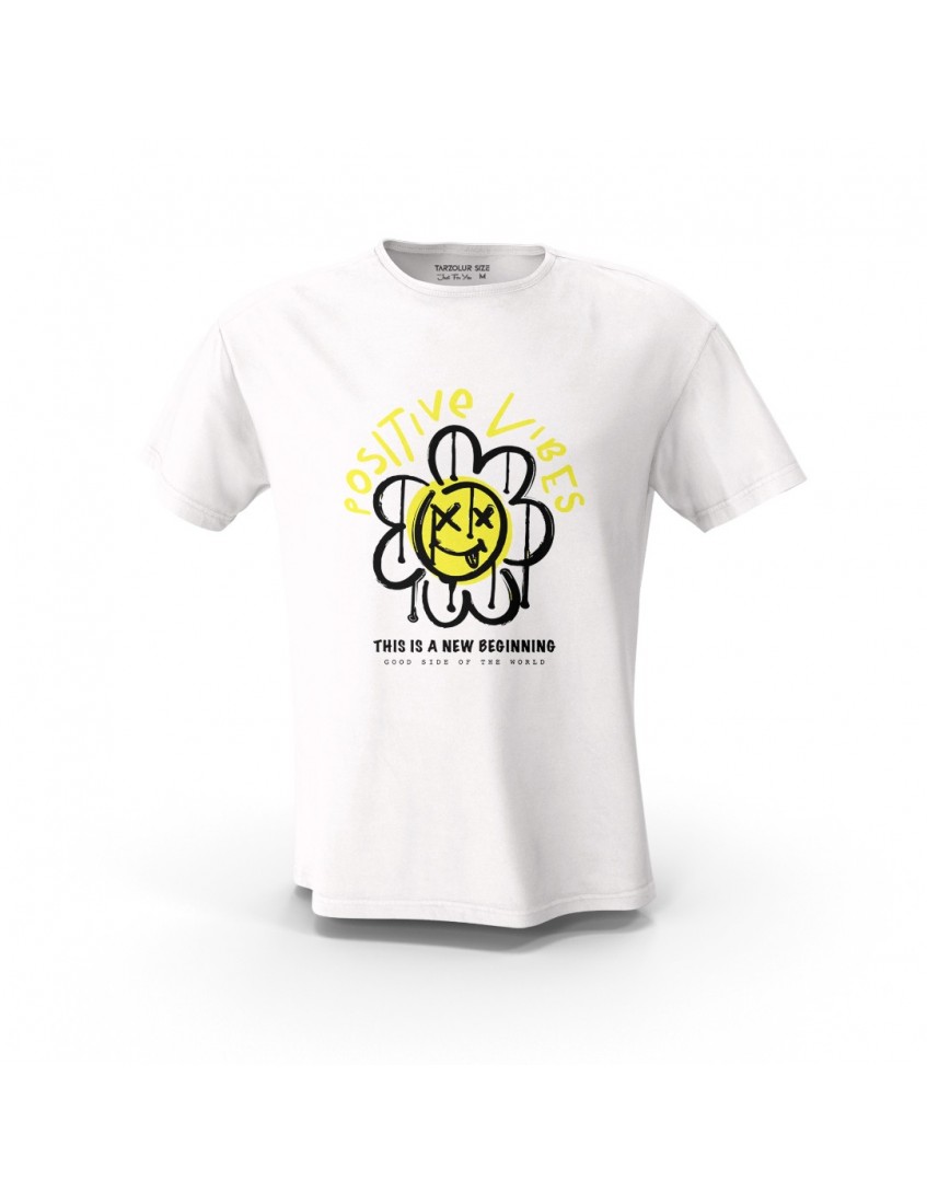Beyaz Positive Vibes  Emoji V3S Tasarım Baskılı  Unisex Pamuk Tişört