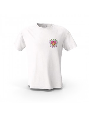  Beyaz Peace Love Sol Gögüs Detay Tasarım Baskılı  Unisex Pamuk Tişört 