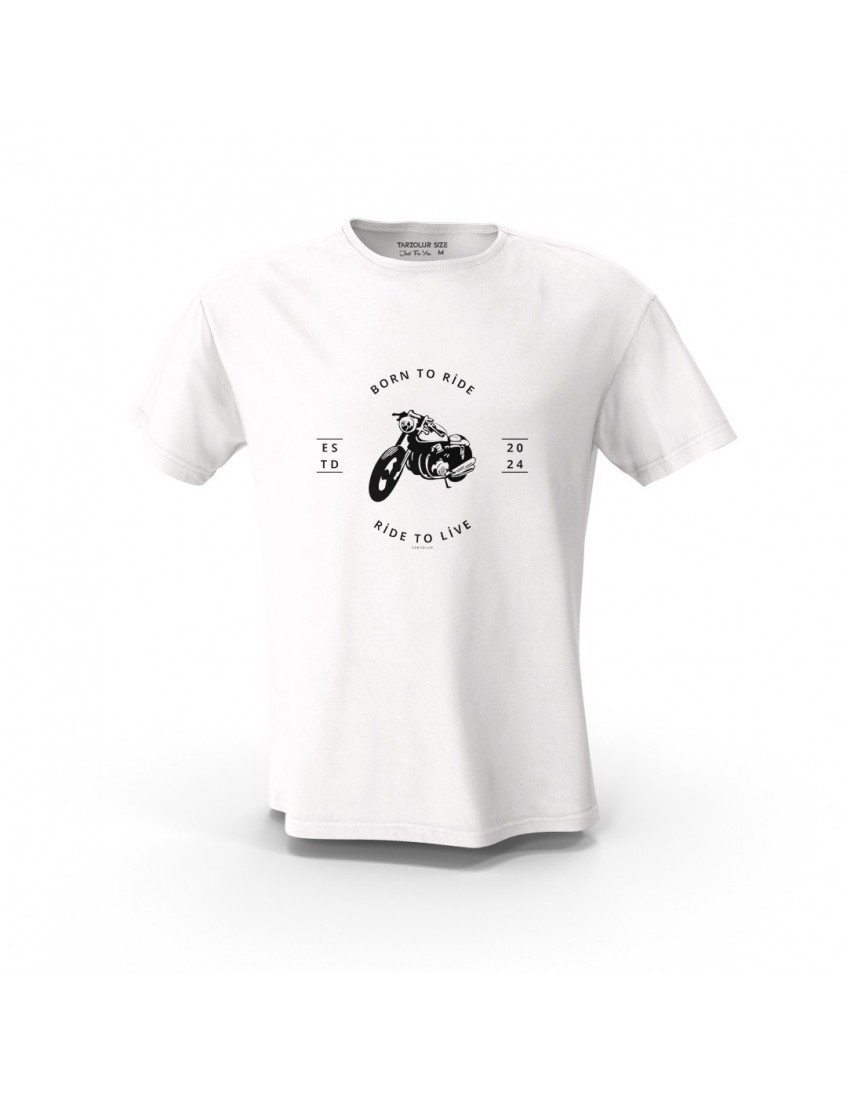 Beyaz Born To Ride EST 2024  Motosiklet Tişörtleri Tasarım Baskılı  Unisex Pamuk Tişört