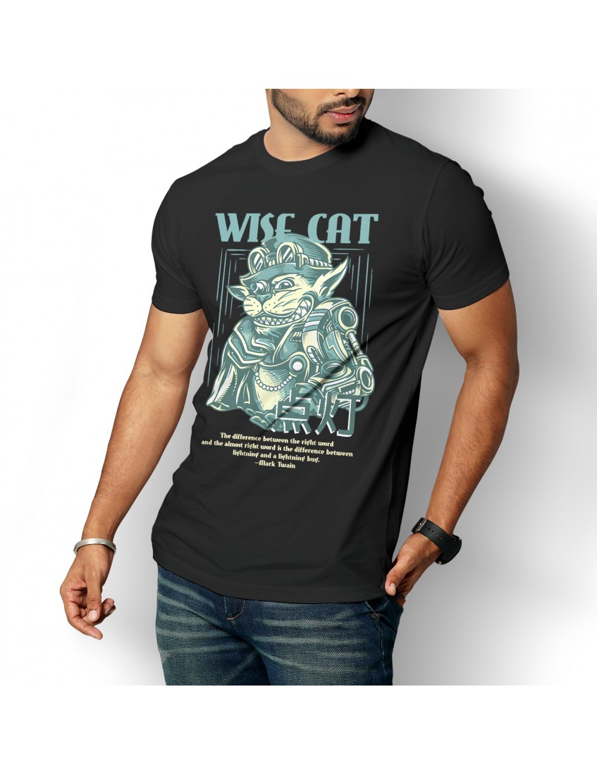 Wise Cat Siyah Unisex  Pamuk Tişört BDKTISORT024