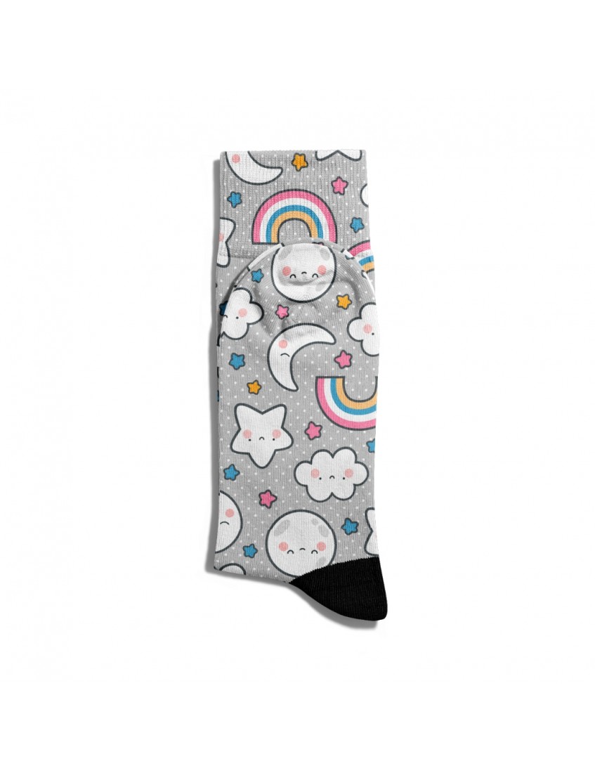 Eğlenceli Çorap Unisex Gri Ay Gökkuşağı Baskılı Çorap ECSOKET015