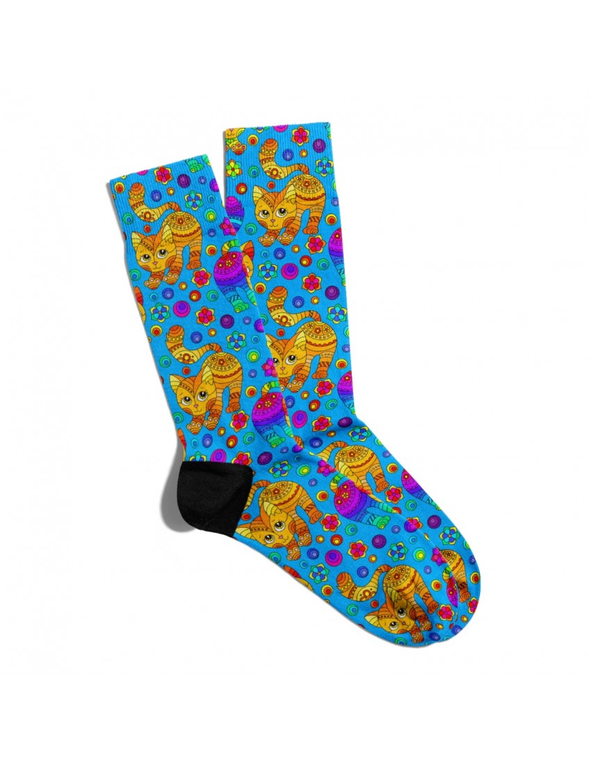 Eğlenceli Çorap Unisex  Ny Mavi Sevimli Kedi Baskılı Çorap ECSOKET038