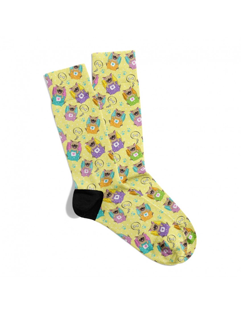 Eğlenceli Çorap Unisex Sarı Sevimli Pug Baskılı Çorap ECSOKET411