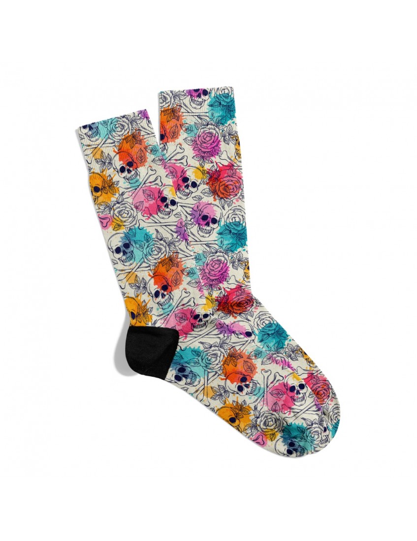 Eğlenceli Çorap  Unisex Çiçek Renkli Kuru Kafa Desen Baskılı Çorap ECSOKET473