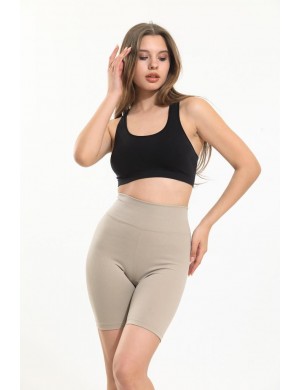 Bej Yüksek Bel Toparlayıcı Sort Fitilli Tayt Spor Tayt