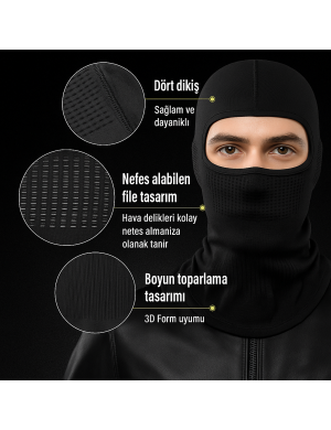  Siyah Balaklava Maske | %100 Polyester, Seamless, Nefes Alabilir – Unisex Outdoor & Taktik Maske