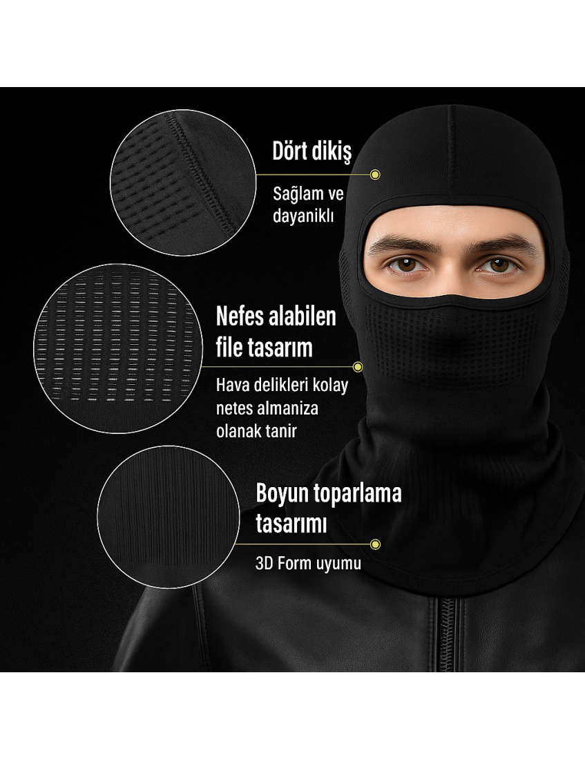  Siyah Balaklava Maske | %100 Polyester, Seamless, Nefes Alabilir – Unisex Outdoor & Taktik Maske